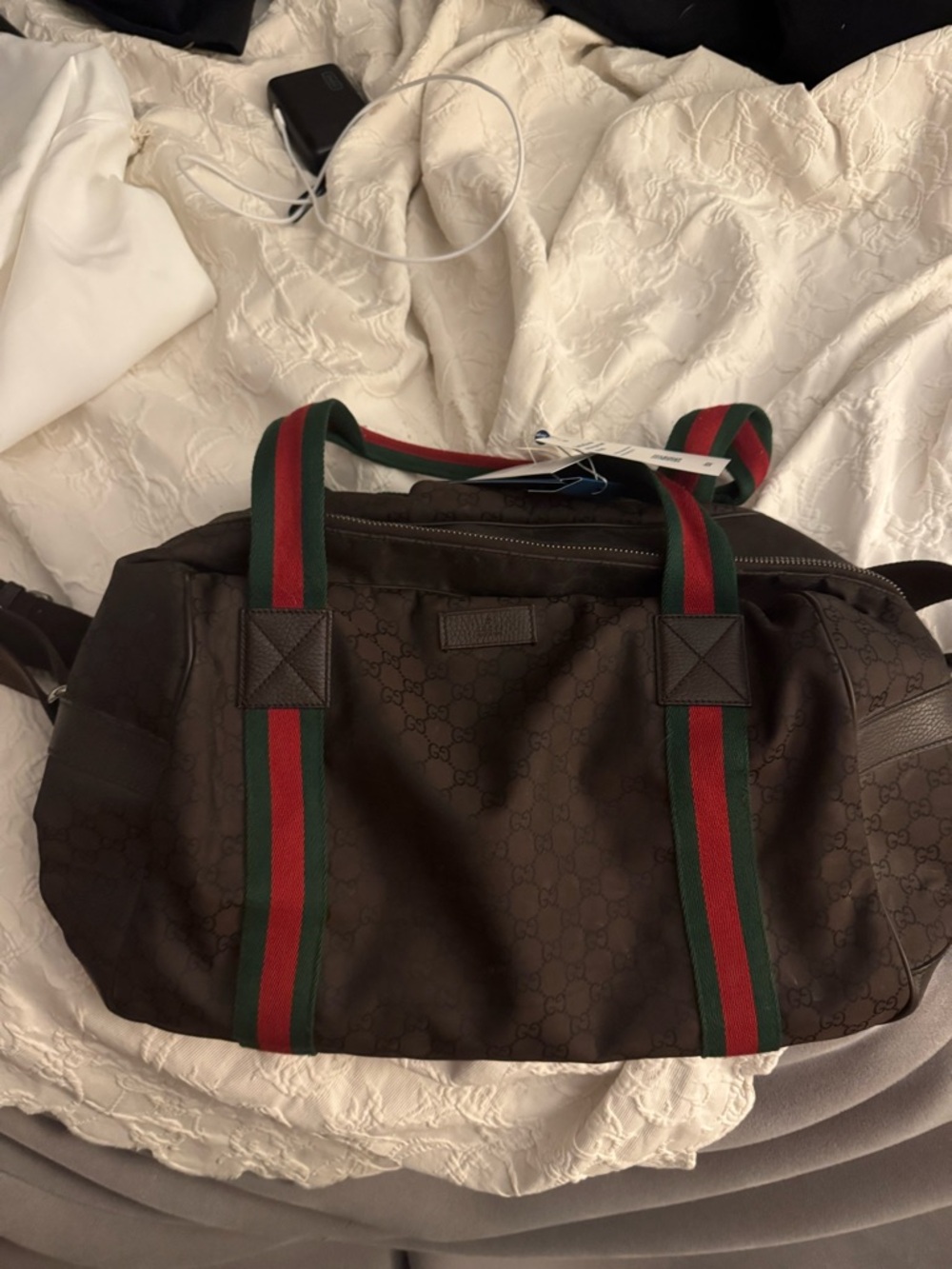 Gucci Brown Monogram Duffel with Green-Red Web Straps